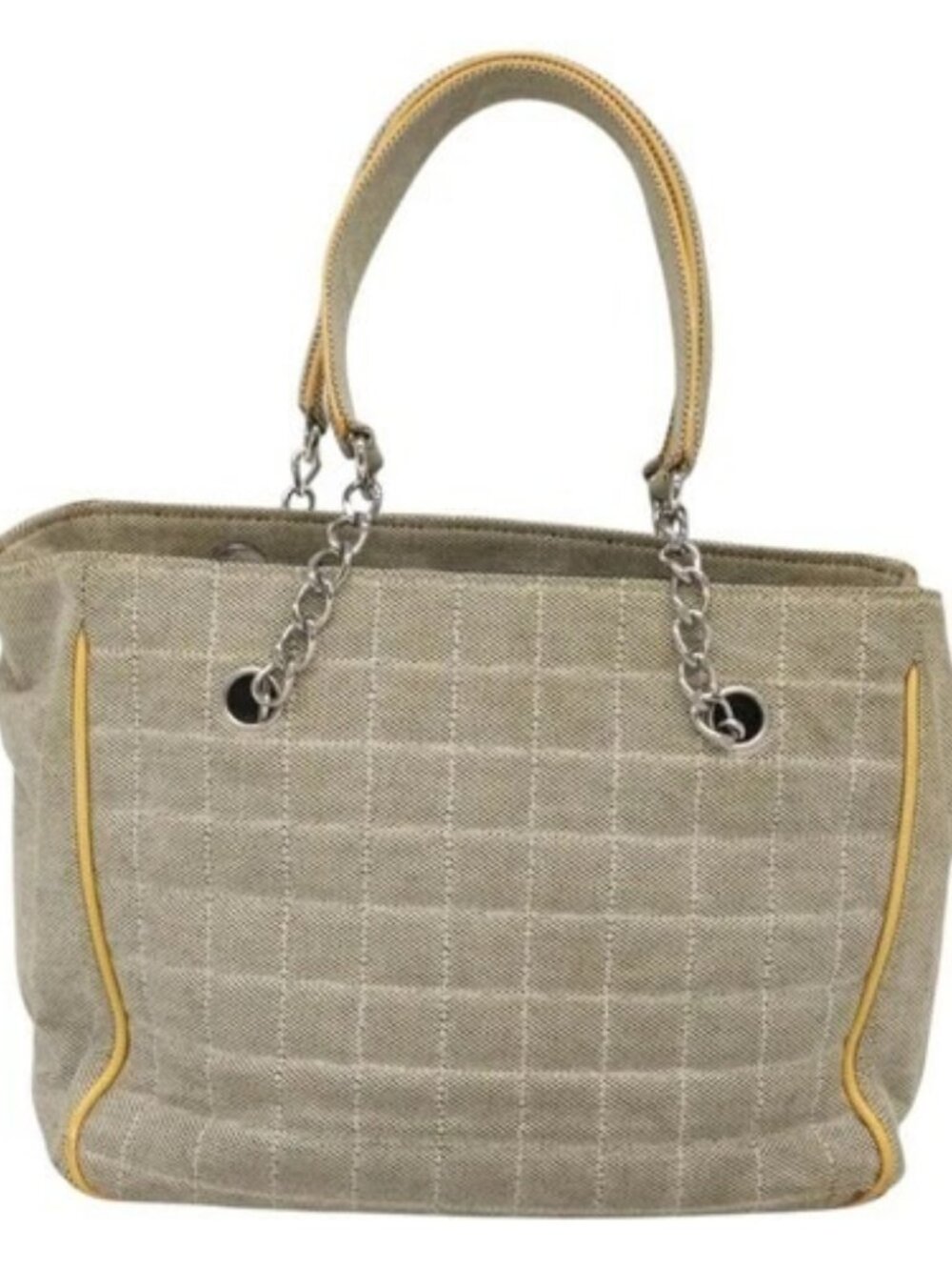 CHANEL Choco Bar Tote Bag Canvas Beige Yellow CC Auth 116301 - Picture 2 of 15